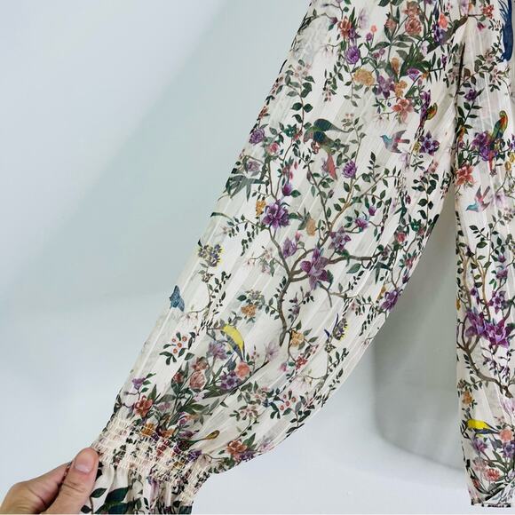 H&M cream green floral bird garden boho ruffle semi sheer top 8 - Picture 4 of 9